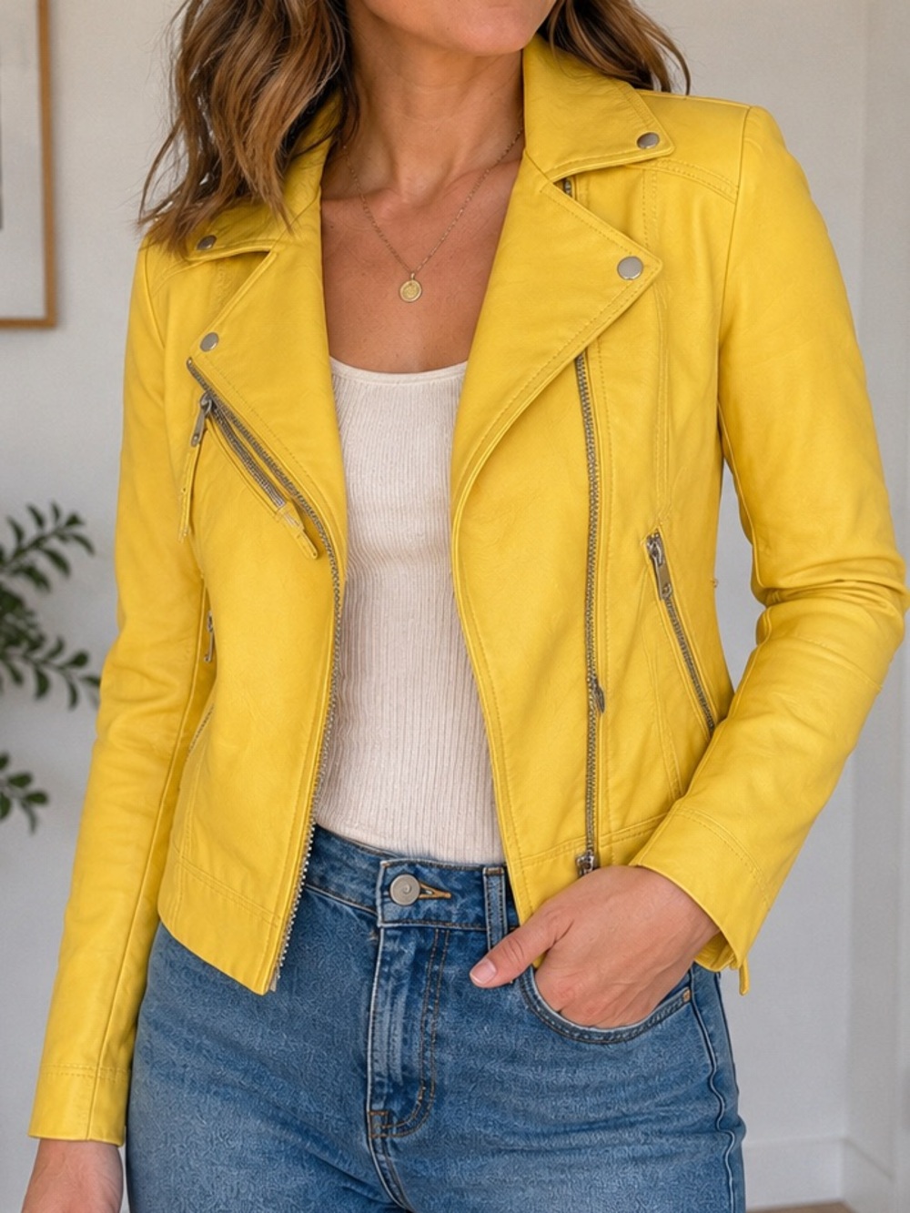 Vero Moda Yellow Faux Leather Moto Jacket | Size Small | Biker Style